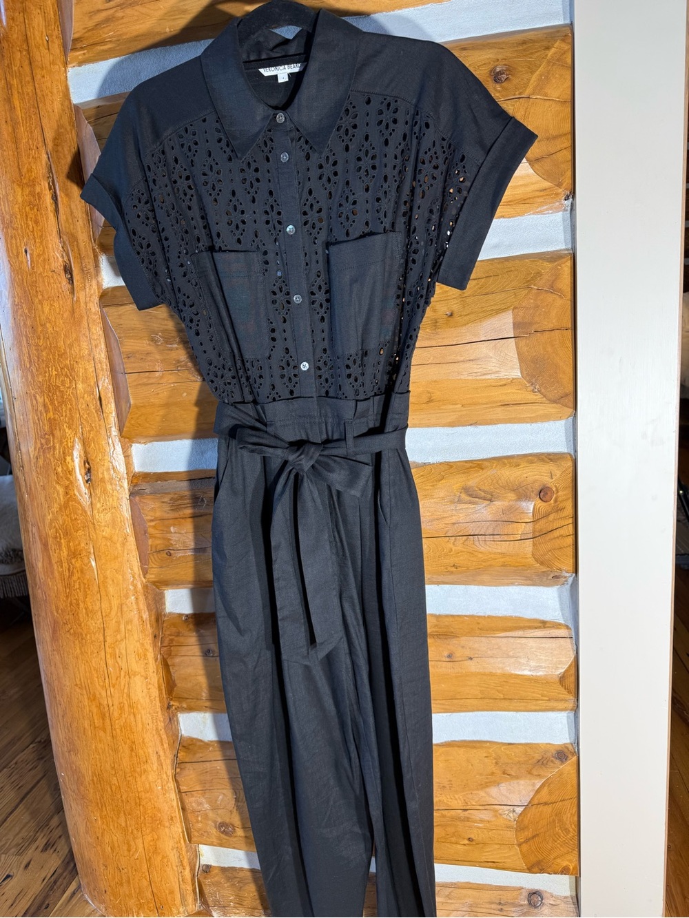 Veronica Beard Black Eyelet Jumpsuit with Waist Tie Size 4
